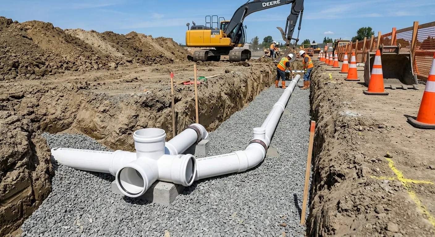 New PVC sewer pipe installation in open trench for Commercial Drain Cleaning in Orchard Homes