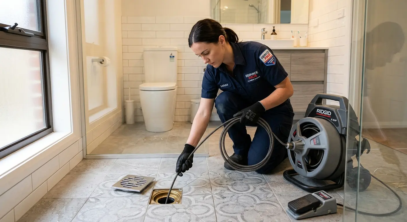 Technician clearing a bathroom floor drain for Hydro Jetting in Orchard Homes
